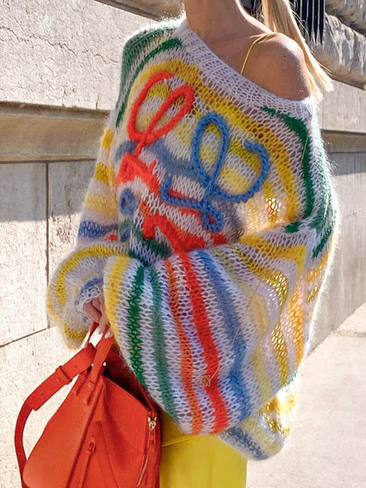 Pull De Noël à rayures arc-en-ciel contrastées