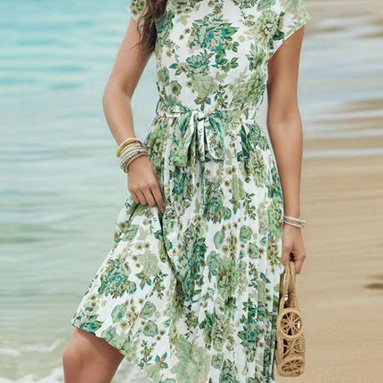 Onbely mi-longue robe trapèze imprimé à fleurie col rond manches courtes taille marquée mode vacances plage