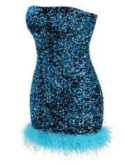 Onbely mini-robe mode brillante paillette plumes bleu - onbely