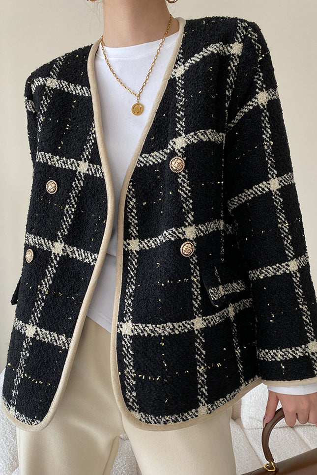 Onbely veste en tweed doublure matelassée carreaux double boutonnage femme