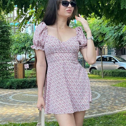 Onbely robe courte trapèze fleurs dos nu col carré manches bouffantes manches courtes taille marquée doux tous les jours vacances