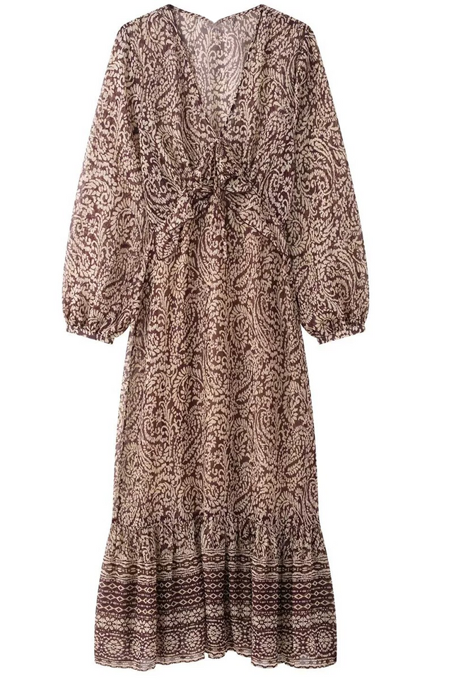 Onbely Robe Longue mousselin Paisley V-col Manches Longues Bohème boho dress