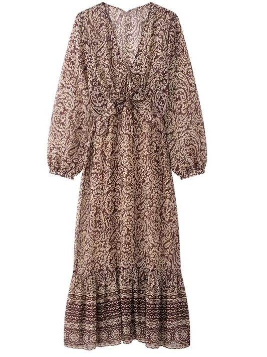Onbely Robe Longue mousselin Paisley V-col Manches Longues Bohème