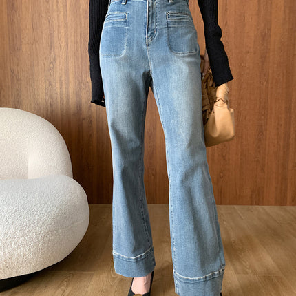 Onbely Jeans Flare Évasé avec Poches et Fermeture Éclair pour Femme Style Mode