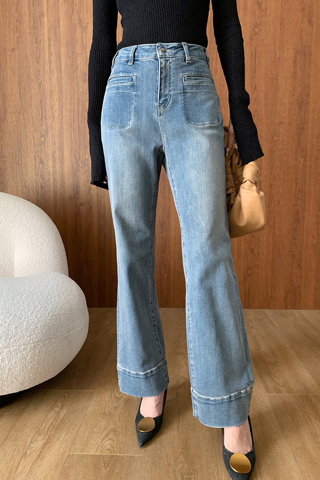 Onbely Jeans Flare Évasé avec Poches et Fermeture Éclair pour Femme Style Mode