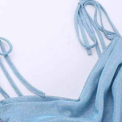 Onbely Robe de soirée longue et moulante brillante paillette à fines brides bleue