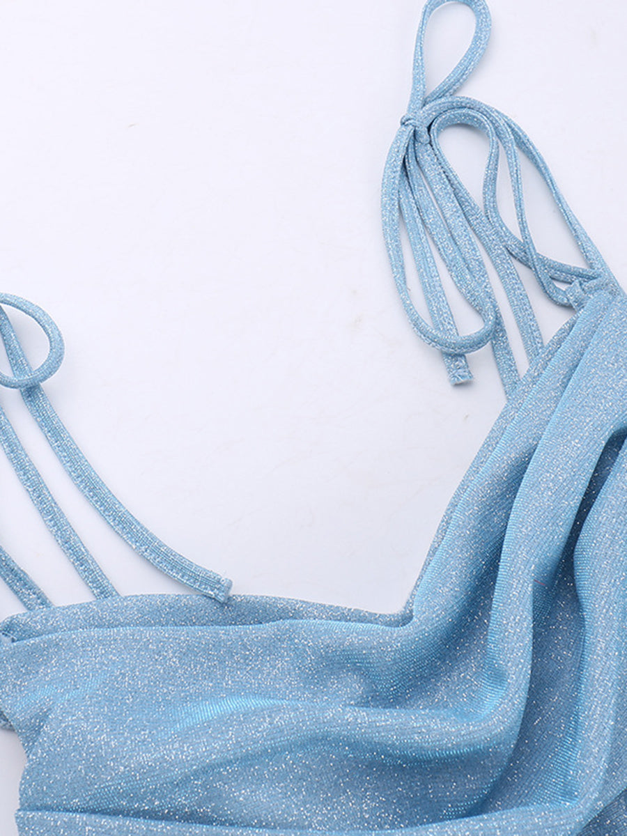 Onbely Robe de soirée longue et moulante brillante paillette à fines brides bleue