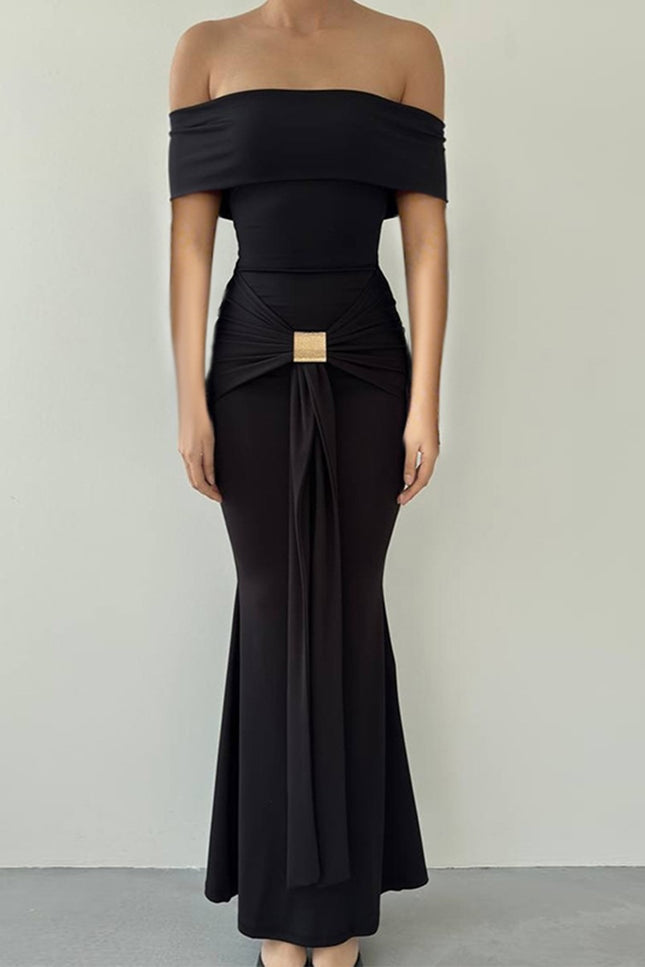 Onbely robe de soirée longue moulante col bateau cintrée élégant mode bal de promo