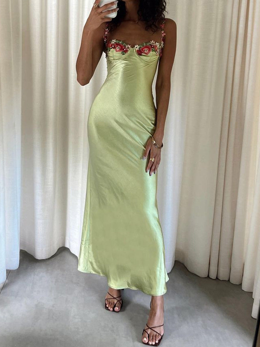 Onbely Robe de soirée longue en satin brodée avec fines brides verte pour bal de promo un mariage