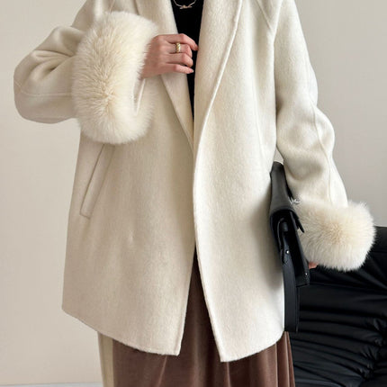 Onbely manteau en laine courte fausse fourrure avec ceinture pour femme