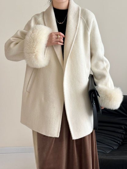 Onbely manteau en laine courte fausse fourrure avec ceinture pour femme