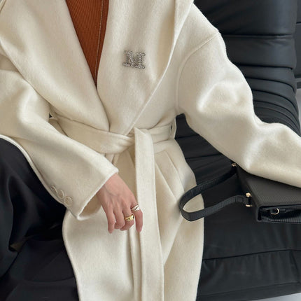 Onbely manteau en laine longue avec poches ceinture à capuche pour femme