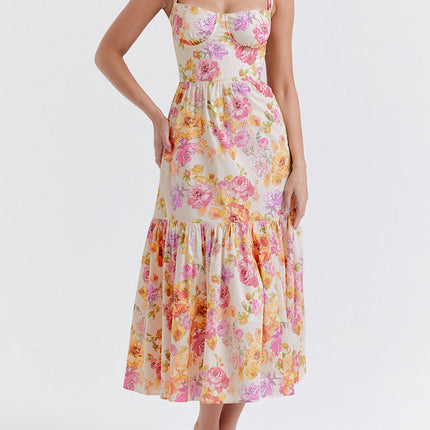 Onbely robe de soirée Mi-Longue Imprimée à Fleurs à Fines Brides pour Bal de Promo