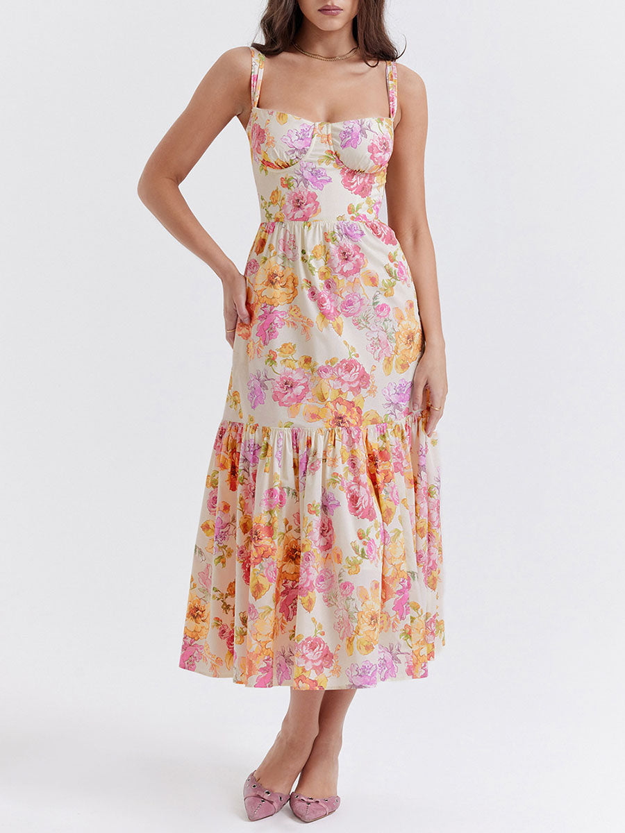 Onbely robe de soirée Mi-Longue Imprimée à Fleurs à Fines Brides pour Bal de Promo