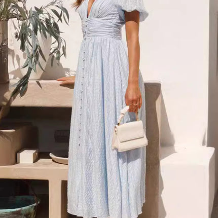 Onbely robe longue boutonnage v-col manches bouffantes élégant