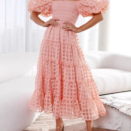 Onbely mi-longue robe carreaux col bateau manches bouffantes cocktail