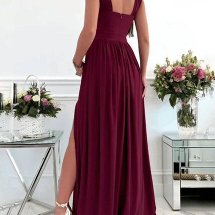 Onbely robe longue fluide fendue sur le côté col licou dos nu bretelles col en V sans manches femme élégante soirée bal de promo cérémonie