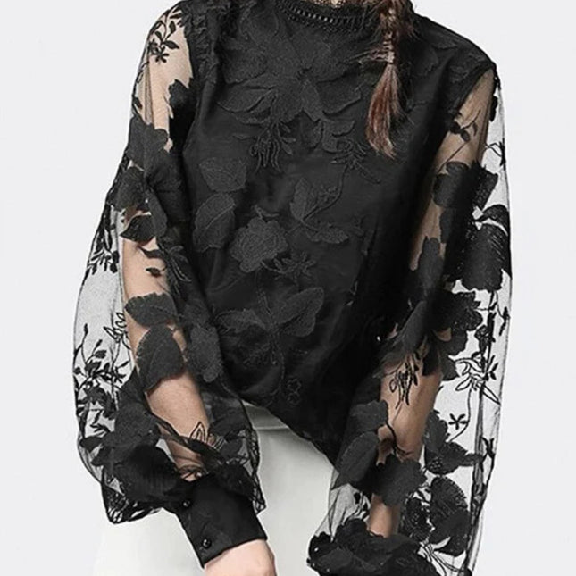 Onbely hauts tulle dentelle col rond manches bouffantes élégant femme