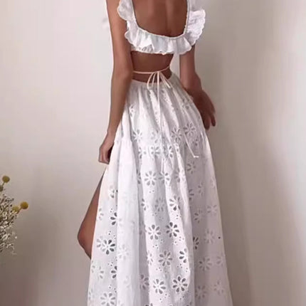 Onbely robe longue dos nu en broderie anglaise blanche fendue sur le côté mode boho dress