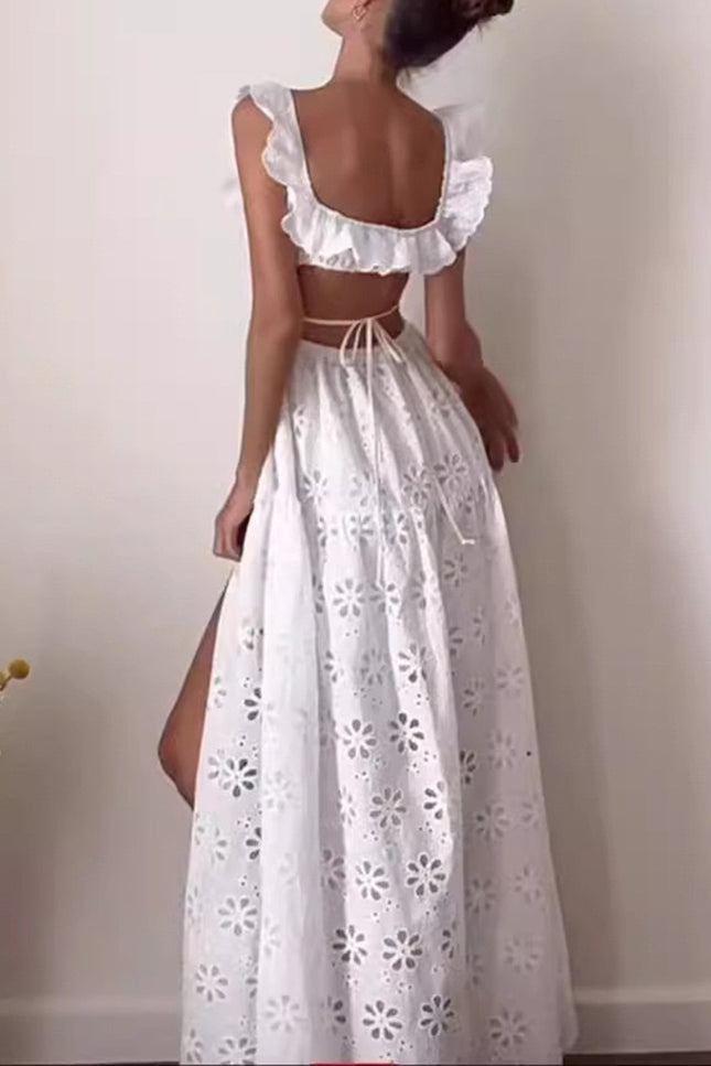 Onbely robe longue dos nu en broderie anglaise blanche fendue sur le côté mode boho dress