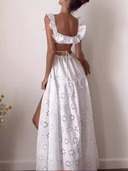 Onbely long backless dress in white English embroidery with side slit fashion