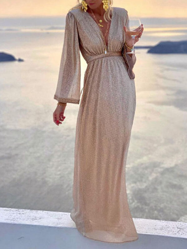 Onbely robe longue brillante paillette élégant champagne - onbely