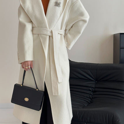 Onbely manteau en laine longue avec poches ceinture à capuche pour femme