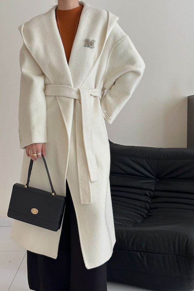 Onbely manteau en laine longue avec poches ceinture à capuche pour femme