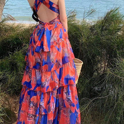 Onbely robe maxi longue licou froufrou dos nu orange