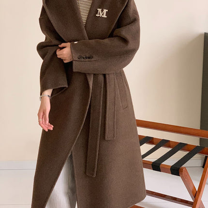 Onbely manteau en laine longue avec poches ceinture à capuche pour femme