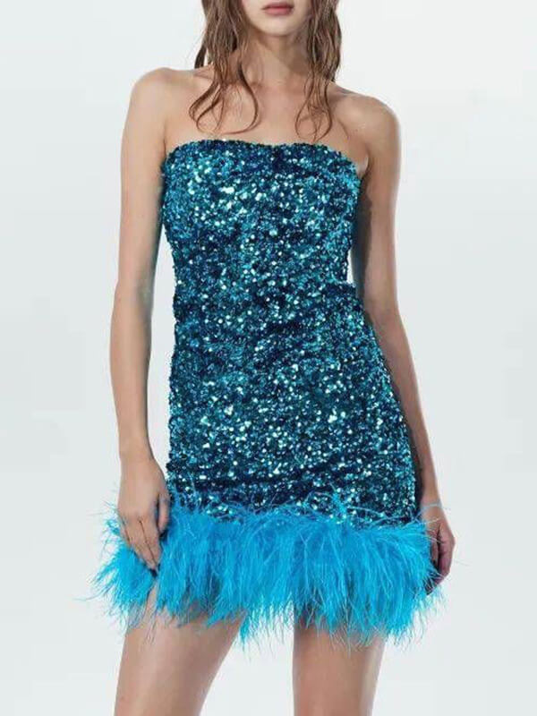 Onbely mini-robe mode brillante paillette plumes bleu - onbely