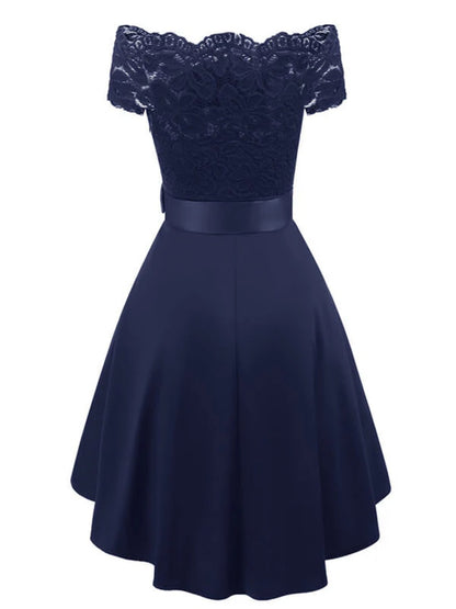 Onbely Robe Midi Vintage en Dentelle Ceinturée à Manches Courtes Cocktail