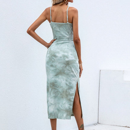 Onbely mi-longue robe coton fendu le côté dos nu à fines brides mode vacances plage