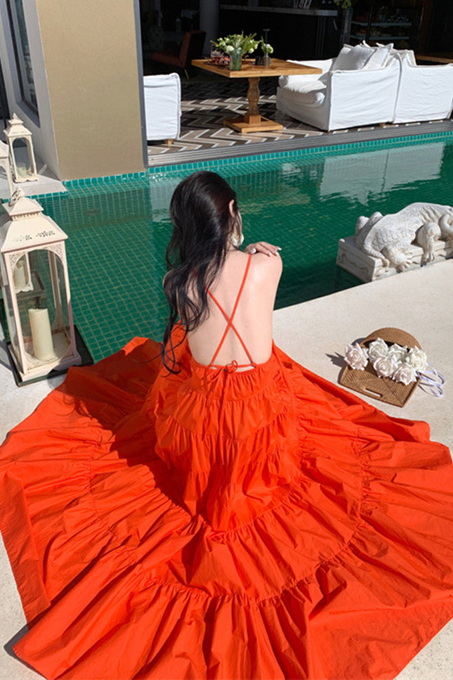 Onbely robe maxi longue à fines brides dos nu de plage orange