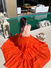 Onbely Orange Long Maxi Dress with Thin Straps and Open Back Beach Dress