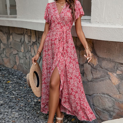 Onbely robe longue court devant longue derriere fleurs fendu col en V manches courtes mode tous les jours vacances