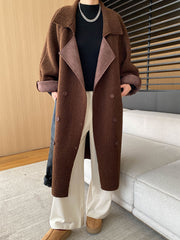 Onbely women's long double-breasted teddy coat with lapel collar