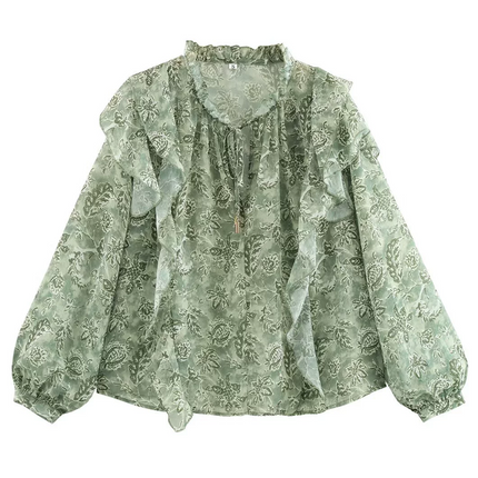 Onbely Blouse Bouffantes mousseline Imprimé Fleuri col jabot femme Vert