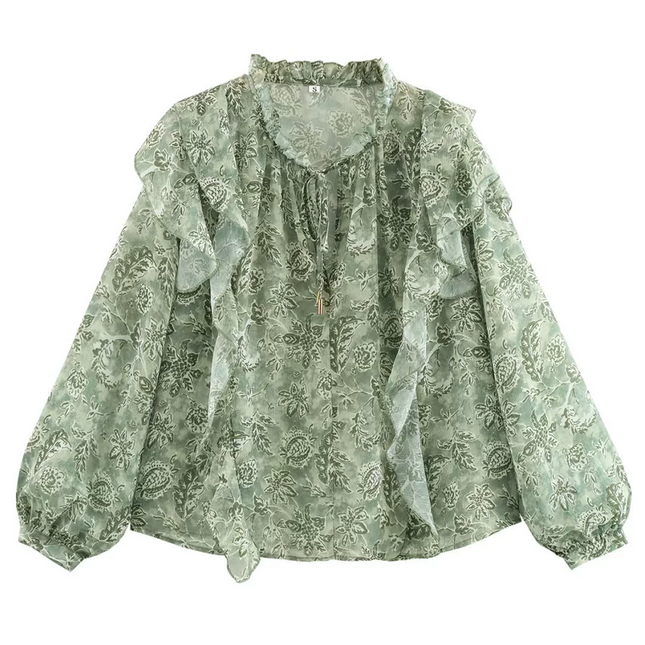 Onbely Blouse Bouffantes mousseline Imprimé Fleuri col jabot femme Vert