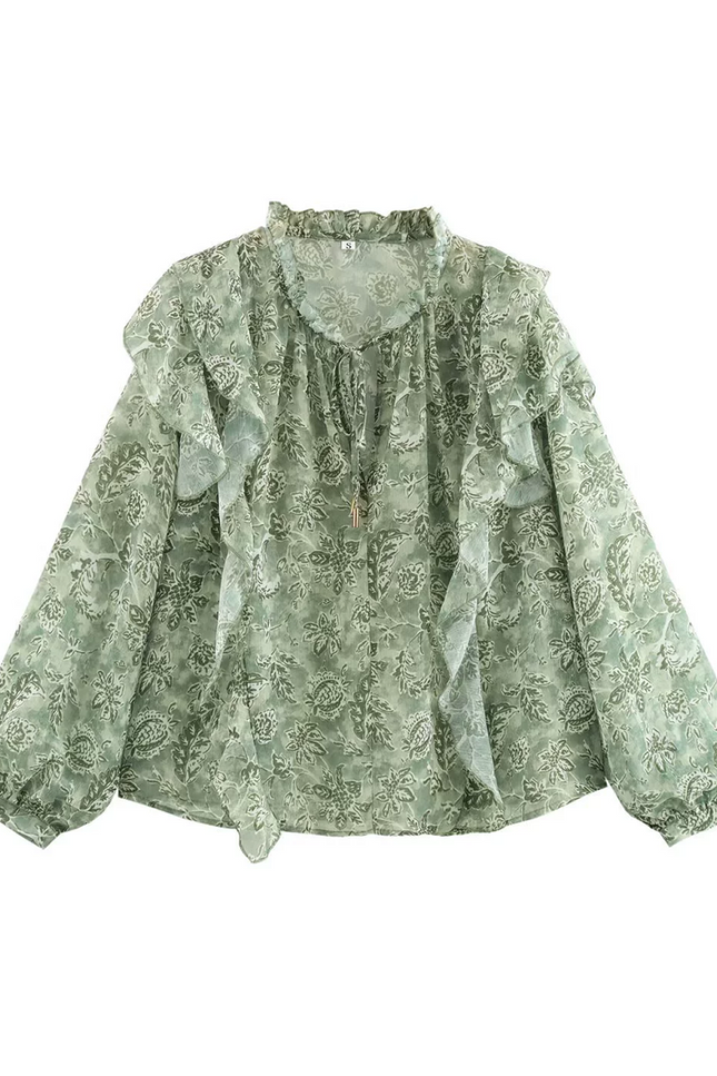 Onbely Blouse Bouffantes mousseline Imprimé Fleuri col jabot femme Vert