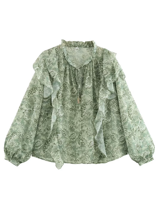 Onbely Blouse Bouffantes mousseline Imprimé Fleuri col jabot femme Vert