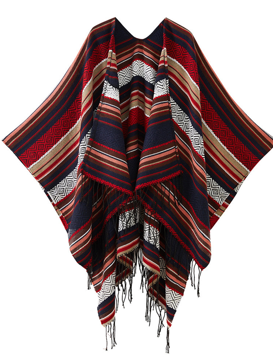 Onbely jacquard shawl with ethnic fringe