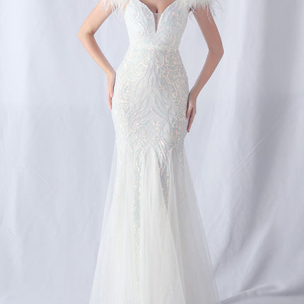 Onbely robe de soirée maxi longue en paillettes brillantes avec plumes pour un mariage femme cérémonie