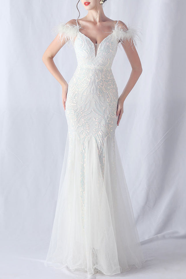 Onbely robe de soirée maxi longue en paillettes brillantes avec plumes pour un mariage femme cérémonie