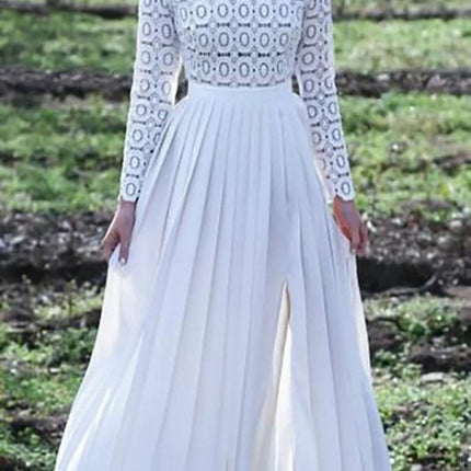 Onbely robe de soirée longue unicolore dentelle fendu le côté col rond manches longues froncée élégant bal de promo cérémonie