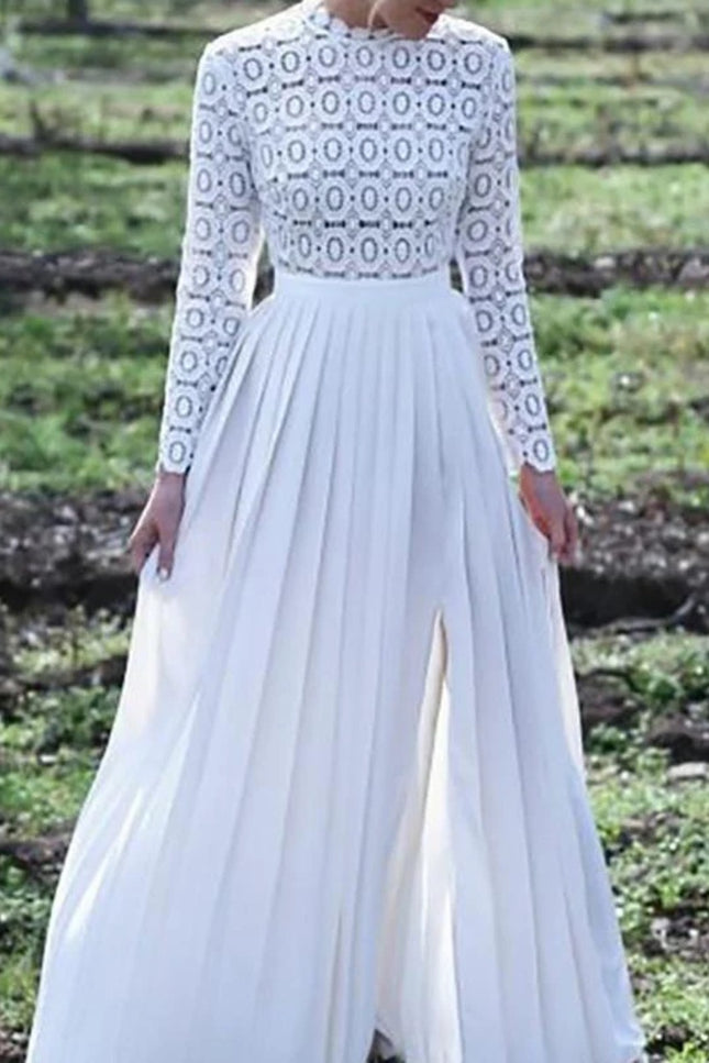 Onbely robe de soirée longue unicolore dentelle fendu le côté col rond manches longues froncée élégant bal de promo cérémonie