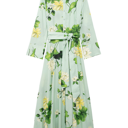 Onbely robe longue imprimé à fleurie boutonnage avec ceinture manches longues vert