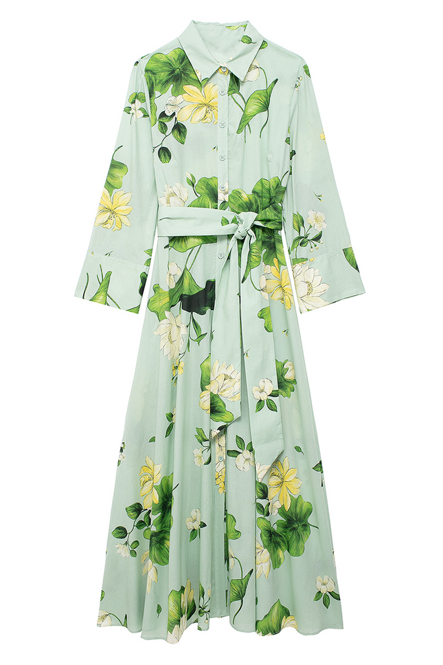 Onbely robe longue imprimé à fleurie boutonnage avec ceinture manches longues vert