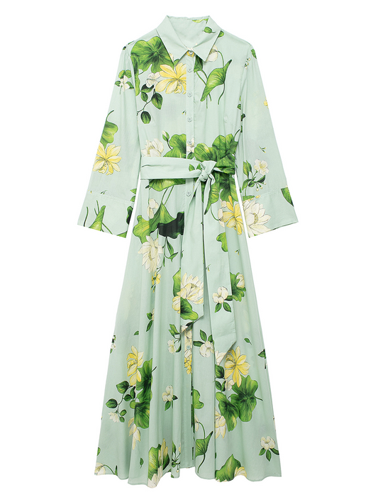 Onbely robe longue imprimé à fleurie boutonnage avec ceinture manches longues vert