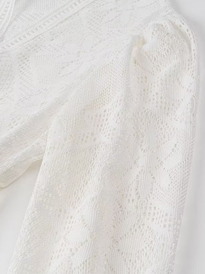 Onbely robe mi-longue dentelle coulisse taille col en V manches longues bohème blanc